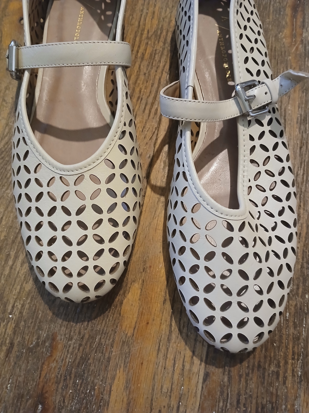 Anthropologie Cream Laser-Cut Mary Jane Flats with Buckle